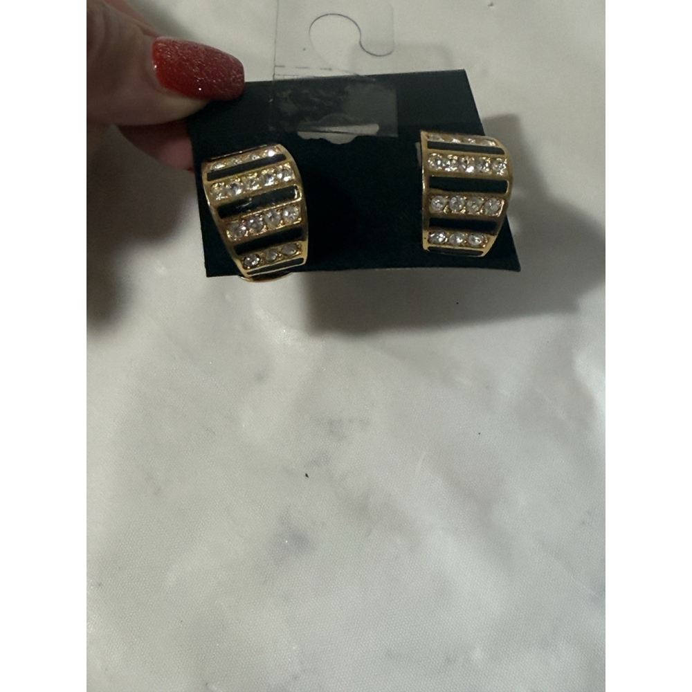Vintage Christian Dior Gold Tone Black Rhinestone Hoop Clip On Earrings - Picture 13 of 16